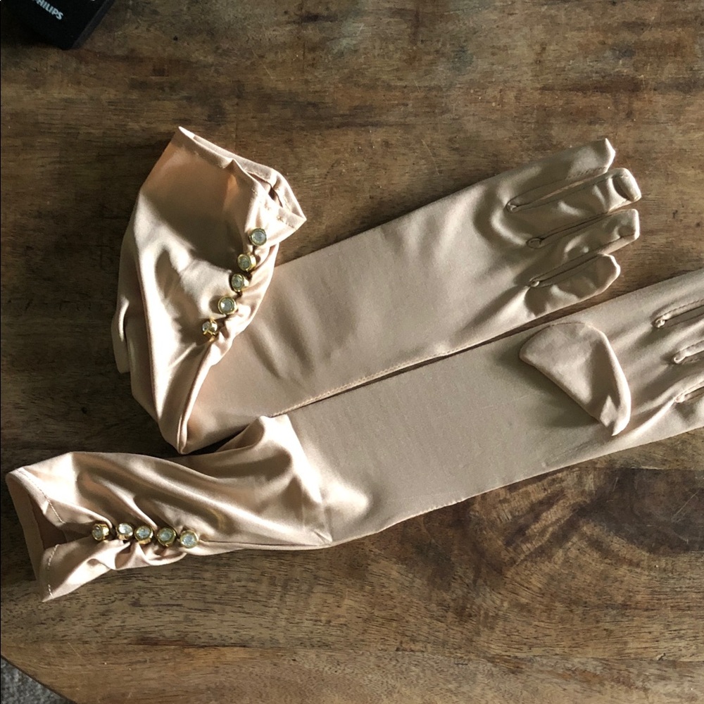 Elegant Long Satin Gloves with Crystal Button Detail - Nude